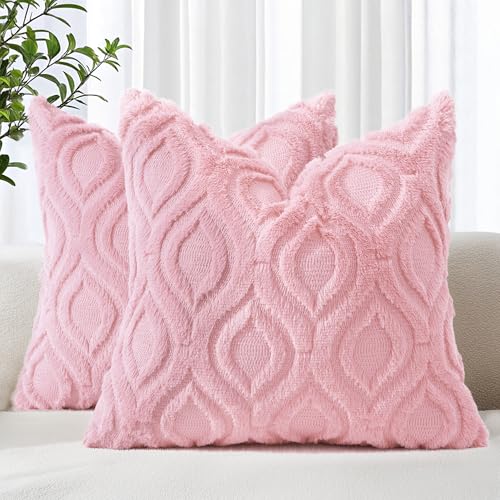 decorUhome Throw Pillow Covers 22x22 Inch Set of 2, Soft Plush Decorative Faux Fur Light Pink Solid Couch Pillow Covers, Accent Farmhouse Neutral Square Euro Pillow Cases for Sofa Bed Living Room