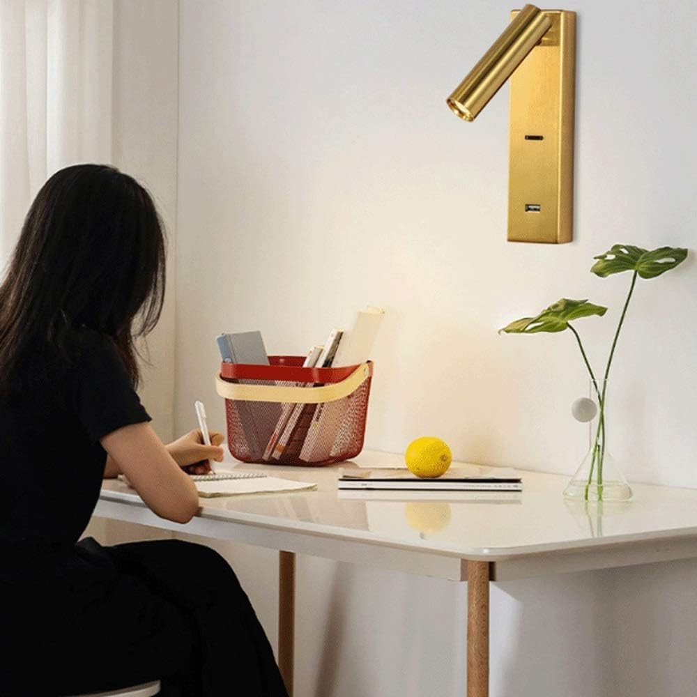 Lampka nocna LED z portem USB, lampka do czytania, lampa biurowa/sypialnia, regulowana półka, lampka nocna, złote wykończenie, luksusowy
