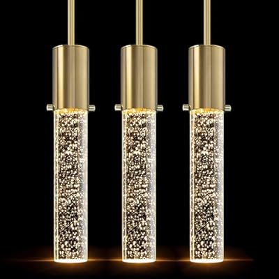 3 Pack Mini Integrated Hanging Crystal Kitchen Island Modern Concise Rod Pendant Ceiling Light Fixture,Gold Finish Kitchen Island Dining Room Bedroom Hallway,