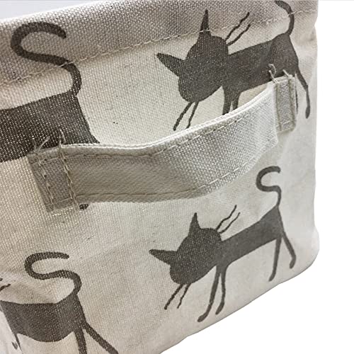 Small Foldable Canvas Storage Basket with Handles, Cotton Linen Storage Bin Organizer for Nursery Kids Shelves & Desks (Grey Cat) - Thumbnail 7