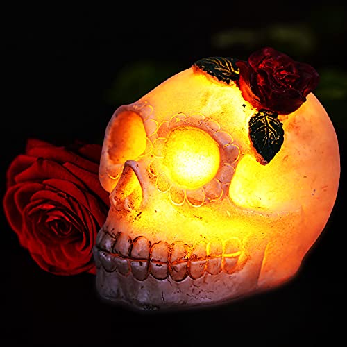Halloween Skull Decoration Flower Rose Glowing Skull Shape Decoration Desktop for Halloween Party Home Outdoor Decor Halloween Skull Light Ghost Festival Resin Skull Ornaments LED Electronic Lights