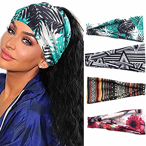 Dreamyn Boho Headbands Wide Turban Printed Head Band Elastic Cotton Hair Bands Non Slip Yoga Sweatband Fashion Hair Accessories for Women and Girls