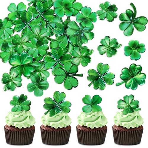 48Pcs Edible Lucky Four Leaf Shamrock Cupcake Toppers Edible Green