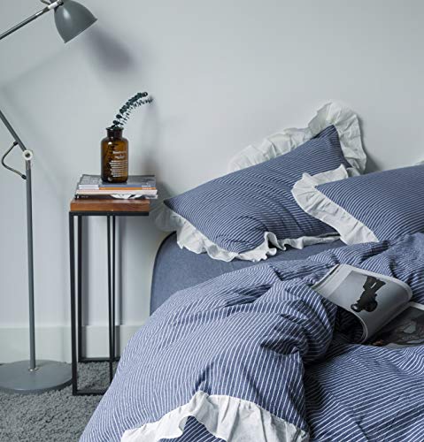 Susybao Denim Ruffle Duvet Cover Queen 100% Washed Cotton Blue Striped Duvet Cover 3 Pieces Set 1 White Lace Vintage Duvet Cover With Zipper Ties 2 Pillo Shams Farmhouse Denim Blue Bedding Set #TOP6