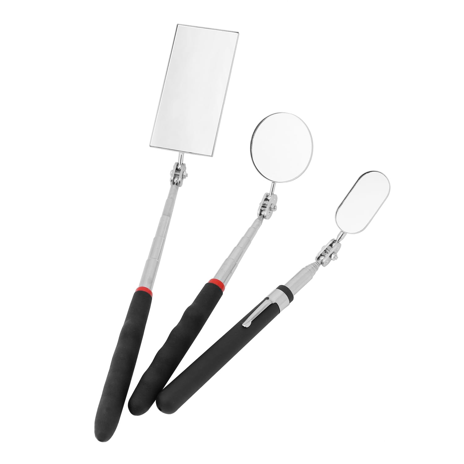 QWORK® Zestaw 3 teleskopowych lusterek inspekcyjnych, prostokątne, okrągłe i owalne, obracane o 360 stopni, wysuwane uchwyty, do kontroli pojazdu