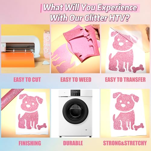 Image of Glitter Pink Heat Transfer Vinyl Roll 12 x 5 Feet Iron on HTV for T-Shirts, DIY Design Silhouette Cameo &Heat Press Machine(Pink htv)