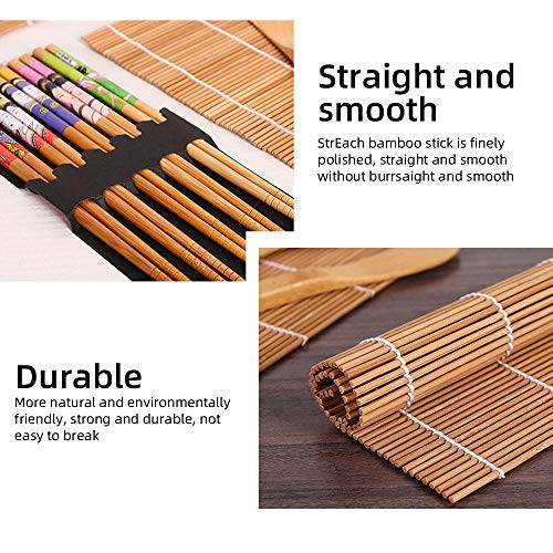 Kit de fabricação de sushi, Tapete de sushi de bambu, incluindo 2 tapetes de sushi, 5 pares de pauzi
