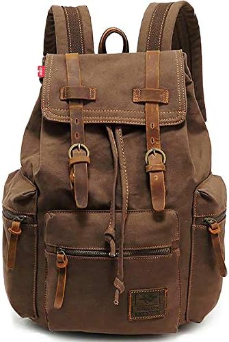 HuaChen Vintage Travel Canvas Leather Backpack for Men,Computers Laptop Backpacks Rucksack, Shoulder Camping Hiking Backpacks School Bag Bookbag for Men Women (M32_Coffee)