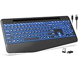 Wireless Keyboard with 7 Colored Backlits, Wrist Rest, Phone Holder, Rechargeable Ergonomic Computer Keyboard with Silent Keys, Full Size Lighted Keyboard for Windows, MacBook, PC, Laptop (Black)