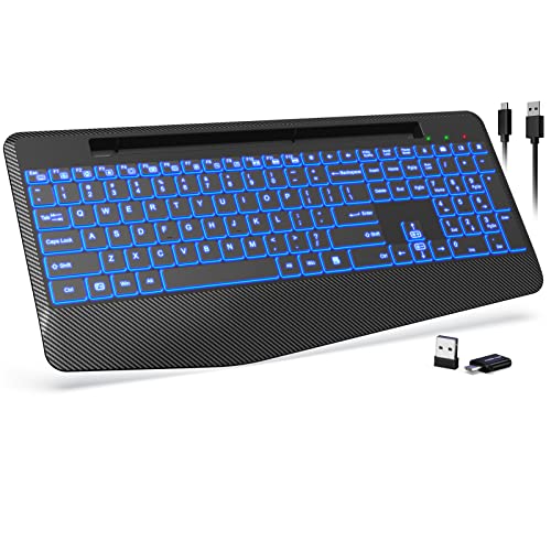 Wireless Keyboard with 7 Colored Backlits, Wrist Rest, Phone Holder, Rechargeable Ergonomic Computer Keyboard with Silent Keys, Full Size Lighted Keyboard for Windows, MacBook, PC, Laptop (Black)
