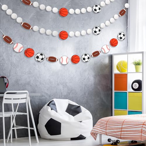 Image of Tatuo 3 Pcs 24.61 ft Sport Party Decorations Felt Football Garland Baseball Basketball Soccer Pompom Hanging Banner for Sports Theme Party Birthday Baby Shower Decor