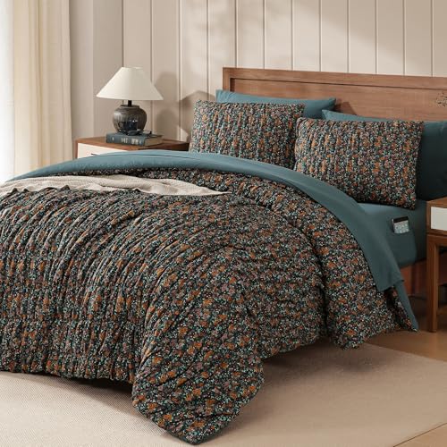 Full Size Comforter Sets-7 Pieces Puff Dark Green Floral Bedding Set for All Seasons, Shabby Chic Farmhouse Bed in a Bag Full with Floral Comforter, Sheets, Pillowcases & Shams