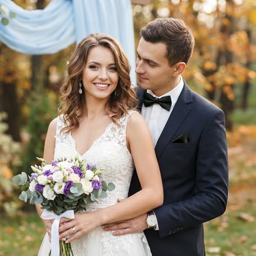 Image of HISDERN Bow Ties for Men Solid Color Pre-Tie Bow Tie and Pocket Square Set Classic Formal Tuxedo Bowties for Wedding Party