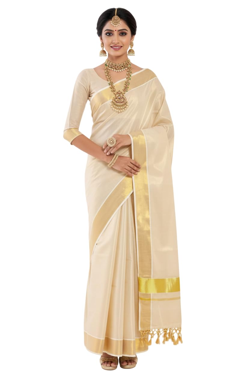 Women’s Kerala Tissue Plain Saree with Running Blouse| Onam & Vishu Kani Special | Traditional Kasavu White Colour-image-11