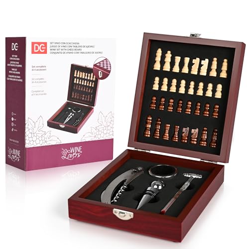 Dc Casa Set Accessori Vino 4 Pezzi – Confezione a Forma di Scacchiera con Pedoni Inclusi – 14,8×16,8×5,1 cm – Termometro, Tappo, Cavatappi e Anello Antigoccia