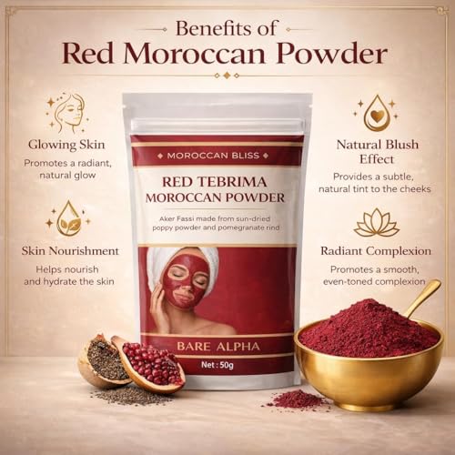 Image of Moroccan Nila Powder For Face - 100% Natural Blue Powder for Skin Brightening, Tan Removal & Detox | Traditional Moroccan Hammam Beauty Treatment For Face & Body Care (Red - 50gm)