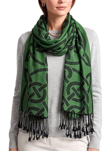 Achillea Soft Silky Celtic Knot Pashmina Scarf for Women Irish/Scottish Inspired Shawl Wrap for Wedding Travel & Office (Green)