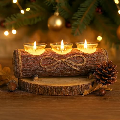 HomeZone Rustic Log Christmas Tealight Holder - Wood Finish Candle Holders with 3 Glass Tea Light Cups - Festive Table Decoration for Dining Table & Home Decoration - Glass Candle Holder