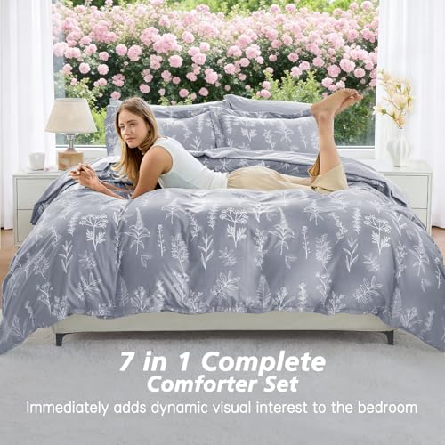 Image of MUXHOMO Light Grey Full Comforter Set, Elegant Floral Print Bed in a Bag 7 Pieces, Ultra Soft & Breathable Reversible Botanical Pattern Bedding Set with Comforter, Sheets, Pillowcases, and Shams