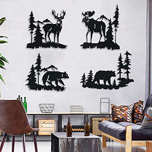 Metal Rustic Wall Art Decor Deer Bear Moose In The Forest Pine Tree, 9.3Inch 4 Pack Mountain Hunting Wall Hanging Woodland Décor For Indoor Outdoor Living Room Bedroom Bathroom Kitchen Lodge Cabin Style (Mix, Set Of 4) #TOP3