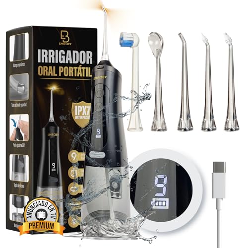 EMIR BEY® Irrigador Bucal Portátil: 9 Modos, 350ML, Pantalla UVC Light Recargable, IPX7 Impermeable, 4 Boquillas Irrigador Dental Inalámbrico Profesional Para Limpieza de Dientes, Viajes, USB-C