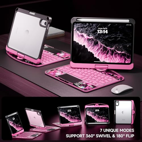 Image of Transparent Case with Keyboard for iPad mini 7 A17 Pro(2024) & Mini 6 (2021) 8.3 inch,7-Color Backlit,Wireless Keyboard, 360Rotating,with trackpad,Pencil Holder,with Shortcuts,Pink