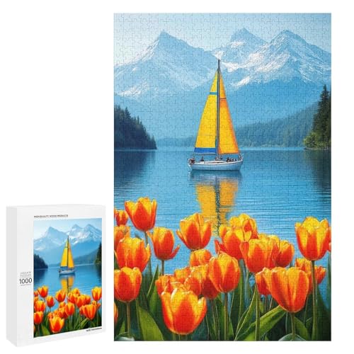 鮮やかなチューリップのそばを進むヨットジグソーパズル パズル レジャー 子供/大人用 減圧 誕生日プレゼント 贈り物 パズル 初心者向け ギフト 誕生日 クリスマス 1000 PCS