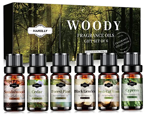 Fragrance Oils, Woody Men Scents Essential Oils Set for Diffuser, Home Fragrance, Soap, Candles Making - Sandalwood, Cedar, Forest Pine, Black Licorice, Fresh Cut Wood, Cypress Essential Oils, 6x10ml