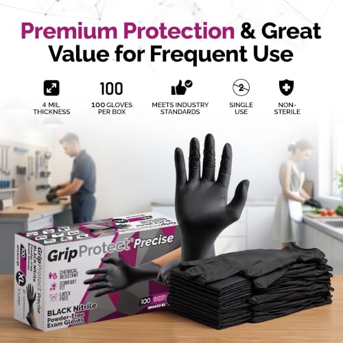 Image of GripProtect Precise Black Nitrile Gloves 4 Mil, Chemical Resistant Gloves | Textured Grip for Mechanics, Tattoos, Food Prep & Cleaning - Medical Grade Disposable Gloves, XLarge Bulk Case of 1000