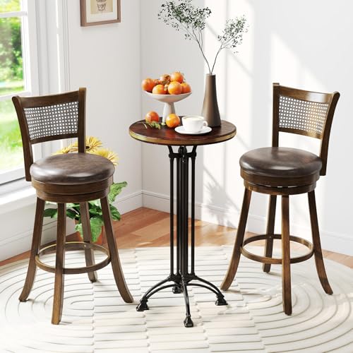 COSTWAY Butaco giratorio de altura para barra de 30", juego de 2, taburetes de madera de caucho con respaldo de ratán sintético, reposapiés y asiento acolchado en leathaire sin reposabrazos para isla de cocina, pub o comedor, color marrón miniatura 4