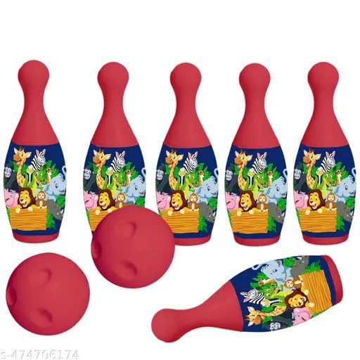 Play and Seek Kids Jungle Bowling Pins Toy Set for Indoor Outdoor Learning Fun Educational Active Playtime Entertainment Ideal for Boys Girls (Red) 1