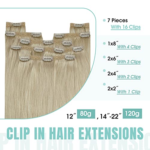 Image of YoungSee 120G Hair Extensions Clip ins Beige Blonde Clip in Human Hair Extensions Invisible Clip on Blonde Hair Extension Long-Lasting Add Volume 14Inch 7Pcs