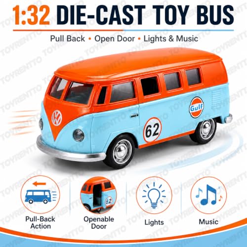 Image of VWT1 1:32 Scale Die-Cast Toy Bus with Pull Back Action, Lights and Music, Openable Side Door, Rolling Wheels, Retro Camper Van Collectible Model for Kids, Adults, Display, Play and Gifting