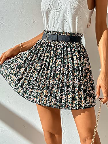 Women's Floral Mini Pleated Skirt Paperbag Waist Belted Short Skirts2
