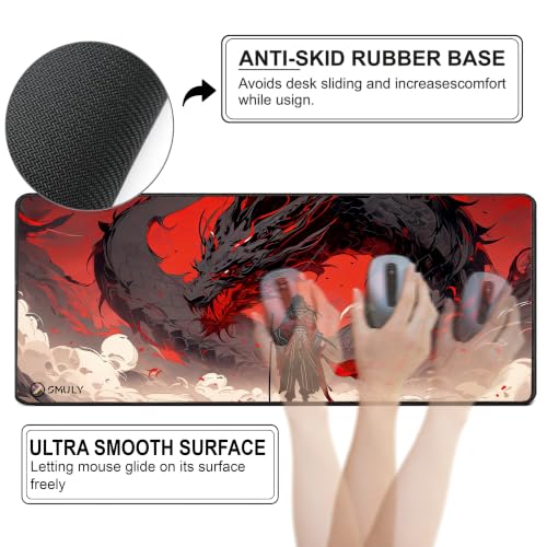 Image of Dragon Warrior Mouse Pad 12x32Inch 3mm Extended Gaming Desk Mat with Anti-Slip Rubber Base Mousepad for Smooth Surface Desk pad for PC & Laptop Use Waterproof & Stiched (Red /Black) Deskpad
