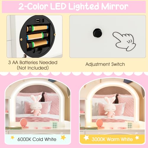 Image of Costzon Kids Vanity with Lights, 2 in 1 Princess Makeup Desk & Chair Set with Lighted Mirror, Drawer, Storage Shelves & Cabinet, Toddler Dressing Table, Vanity Set for Little Girls, White