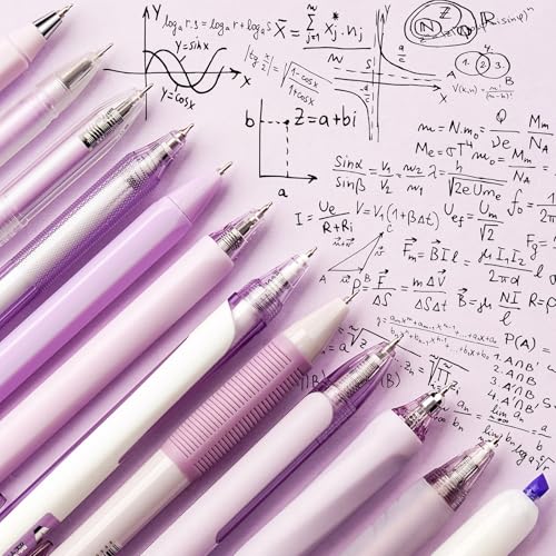 Image of Four Candies Gel Pen Set, Cute Writing Pens with 0.5mm Fine Tip, Black & Purple Ink Pens with Highlighter, Aesthetic Stationery Supplies for School, Office, Pack of 12 - Lavender Series | Back to School Supplies, Office Essentials for Women, Girly Stationery Set, Aesthetic Desk Decor & Accessories - Lavender