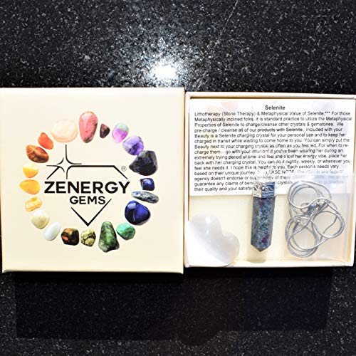 Zenergy Gems Selenite Charged Faceted Hand-Made Natural Blue Kyanite Ruby Crystal Pencil Point Pendants + Selenite Heart Charging Crystal [Included] #TOP3