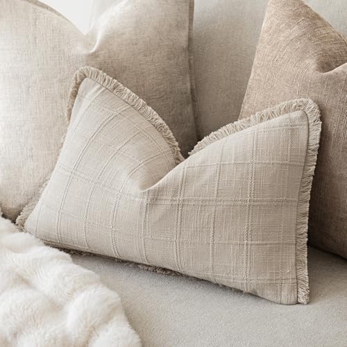 Image of Foindtower Set of 2 Decorative Linen Check Fringe Throw Pillow Covers Farmhouse Lumbar Cushion Covers Modern Boho Home Decor for Sofa Chair Couch Bedroom Living Room,12x20 Inch,Natural Linen