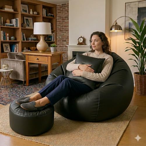 Image of IVIKA Bean Bag with Stool & Cushion | XXXXL Size Premium Leatherette Bean Bag for Gaming, Living Room & Bedroom (4XL - Black)