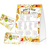 EQIUAG What's Your Pizza Name, Funny Pizza Theme Game Cards Set,1 Game Sign and 30 Cards, Perfect for Birthday Party Activities