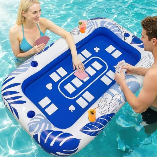 56IN Oversize Floating Card Game Table for Pool with Waterproof Cards - Inflatable Floating Card Table for Adults, Snack Drink Tray with Cup Holders, Hot Tub Lake Summer Beach Fun Accessories