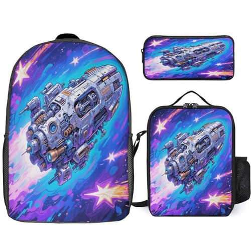 Spaceship 3pcs Lightweight Travel Backpack Printed Backpack With Lunch Pack Storage Box Case