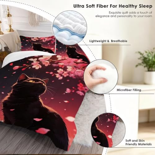 Image of Cat Cherry Blossom Comforter Set Full Size Floral Print Bedding Set | Romantic Red Gradient Sky Sakura Bedding Set for Women Girls, 3 Pieces Soft Washable All Season Bed Set for Bedroom Decor