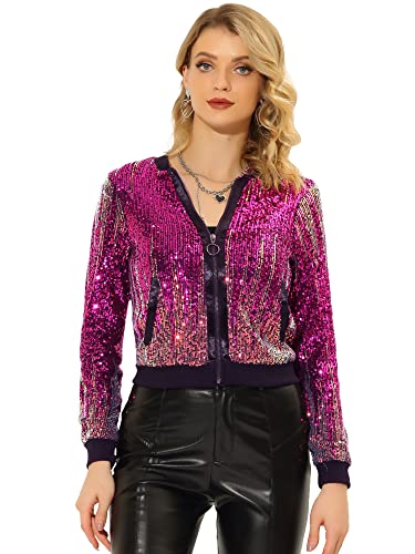 Allegra K Women's Sequin Jacket Long Sleeve Zip Ombre Sparkle Halloween Party Bomber Jackets2