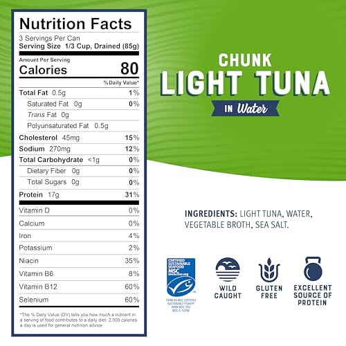 Image of Bumble Bee Chunk Light Tuna In Water, 12 oz Can - Wild Caught Skipjack Tuna - 17g Protein Per Serving - MSC Certified Sustainable Seafood, Non-GMO, Gluten Free, Kosher (Pack of 3)
