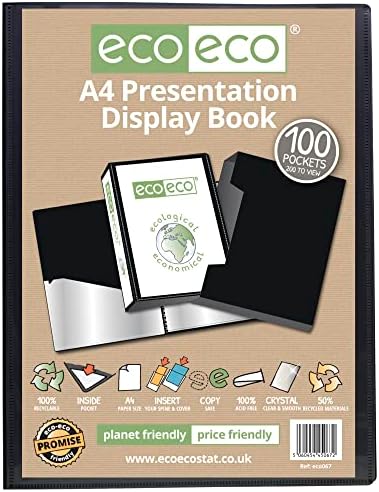eco-eco A4 Size 50% Recycled 100 Pocket Black Presentation Display Book, Storage Case Portfolio Art Folder with Plastic Sleeves with Black Display Box (Pack of 2), eco067x2