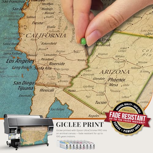 Image of DECORARTS - Personalized Push Pin Travel Map USA, Custom Name, Pin Board Canvas Wall Art, Antique Vintage Old United States Decor, Optional Wood Frame, Giclee Print, Handcrafted in USA, 30x24''