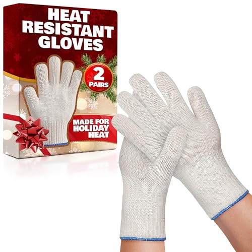 2 Pairs Heat Resistant Gloves for Grilling - 9.5 Inch Durable Aramid Oven Gloves with Fingers - Full Hand Protection, Functionality, Easy to Use, Multipurpose for Baking, Roasting, Frying, and More