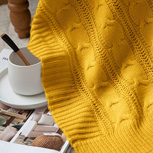 Jinchan Cable Knit Throw Blanket For Couch Lightweight Soft Cozy Twin Size Throw Blanket Mustard Yellow Decorative Throws For Modern Farmhouse Living Room Bedroom 60"X80" Accent Throw For Gifts #TOP5